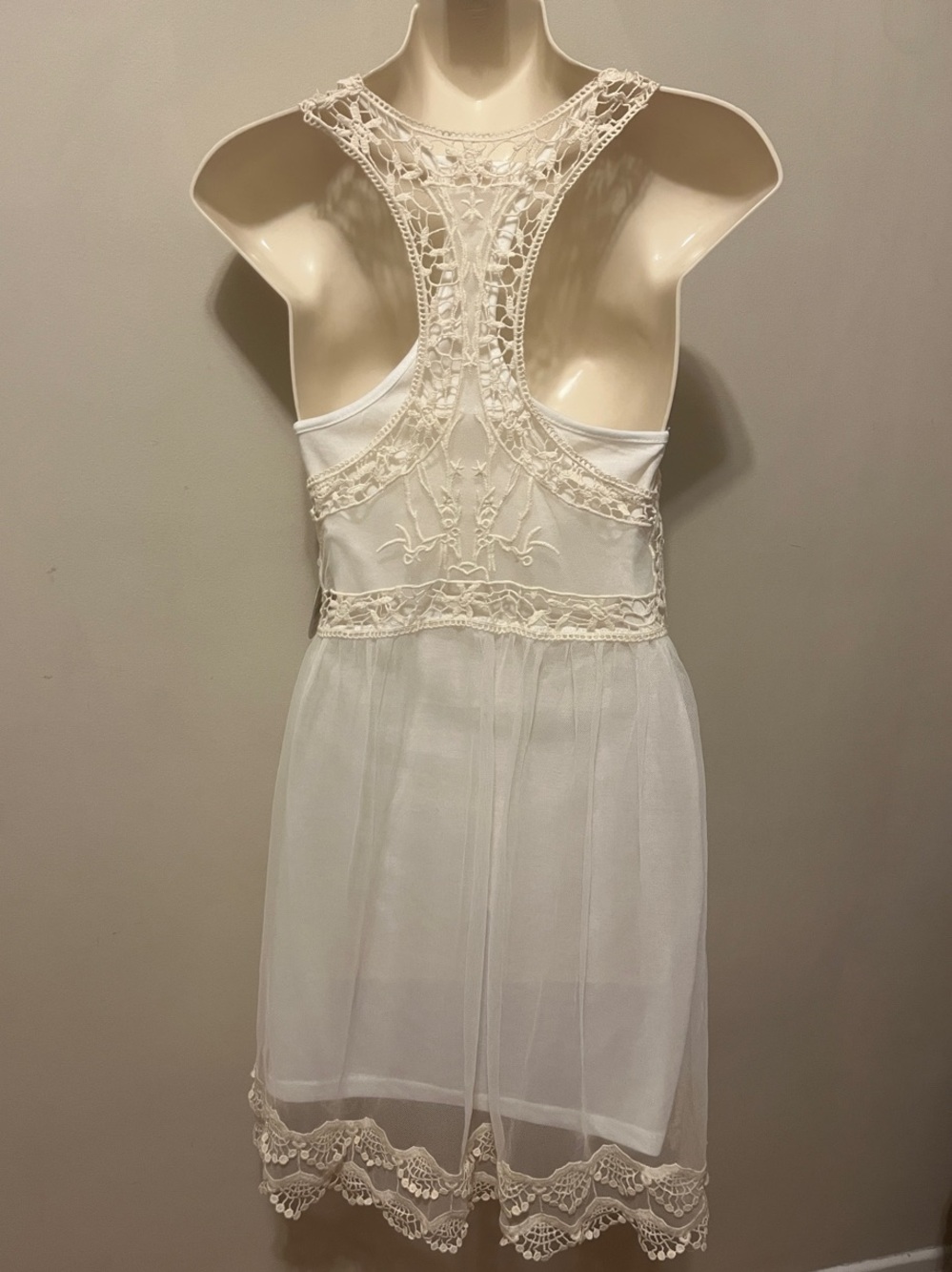 Ardene Ivory Mesh Crochet Racerback Tank Semi-Sheer Mini Dress - Picture 3 of 12